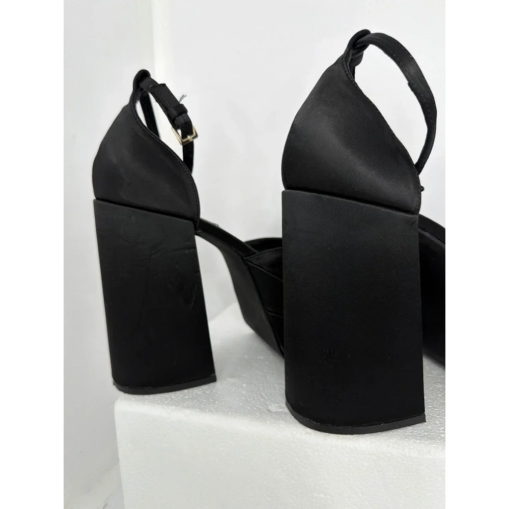 Steve Madden Charlize Black Satin Double Platform Heel size Ankle Strap Pumps 8